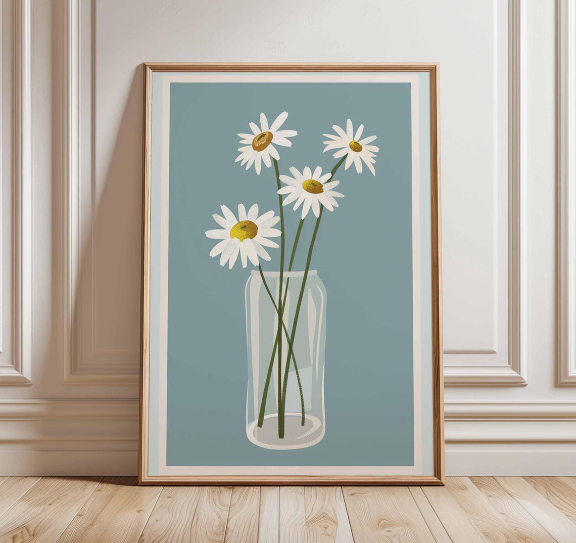 Minimalist Daisy Flower Poster Print Modern Botanical Wall Art Simple Vase Illustration Elegant Floral Artwork For Home Decor