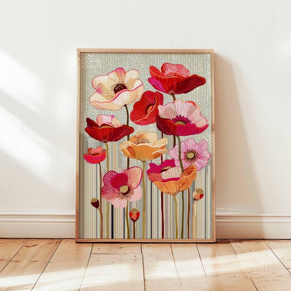 Modern Floral Poppy Wall Art Print Red And Pink Wildflower Poster Bold Botanical Illustration Striped Background Flower Artwork Unframed