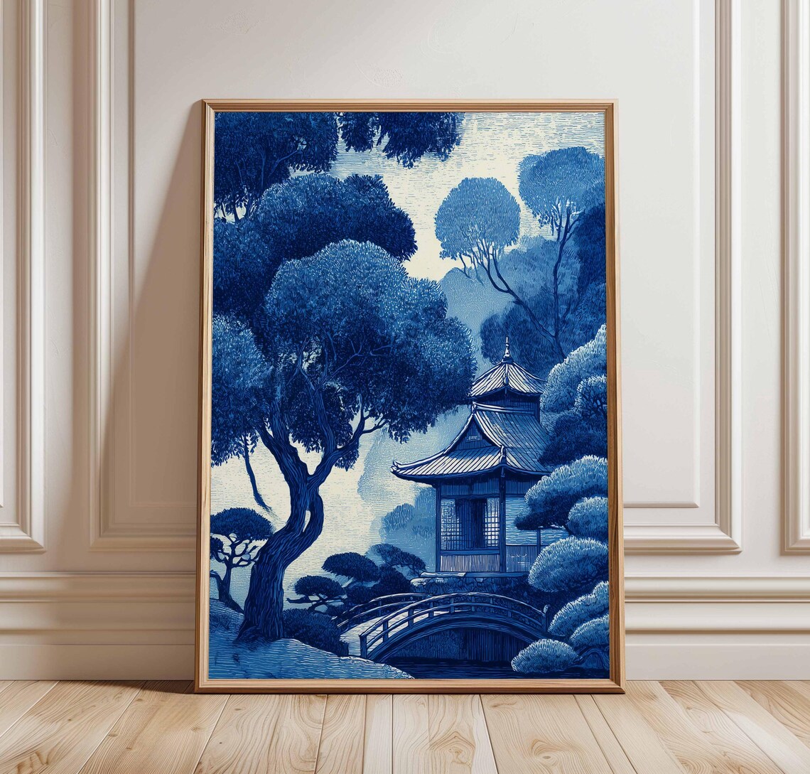 Blue Toned Japanese Garden Pagoda Woodblock Style Landscape Print