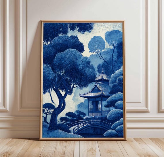 Japanese Garden Poster Blue Toned Woodblock Style Wall Art Tranquil Temple Print Zen Landscape Illustration Decor