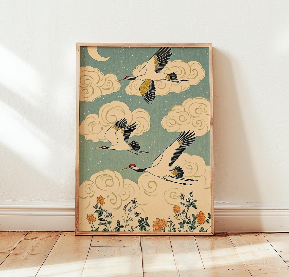 Flying Crane, Japanese Style Lotus Flower Art Print
