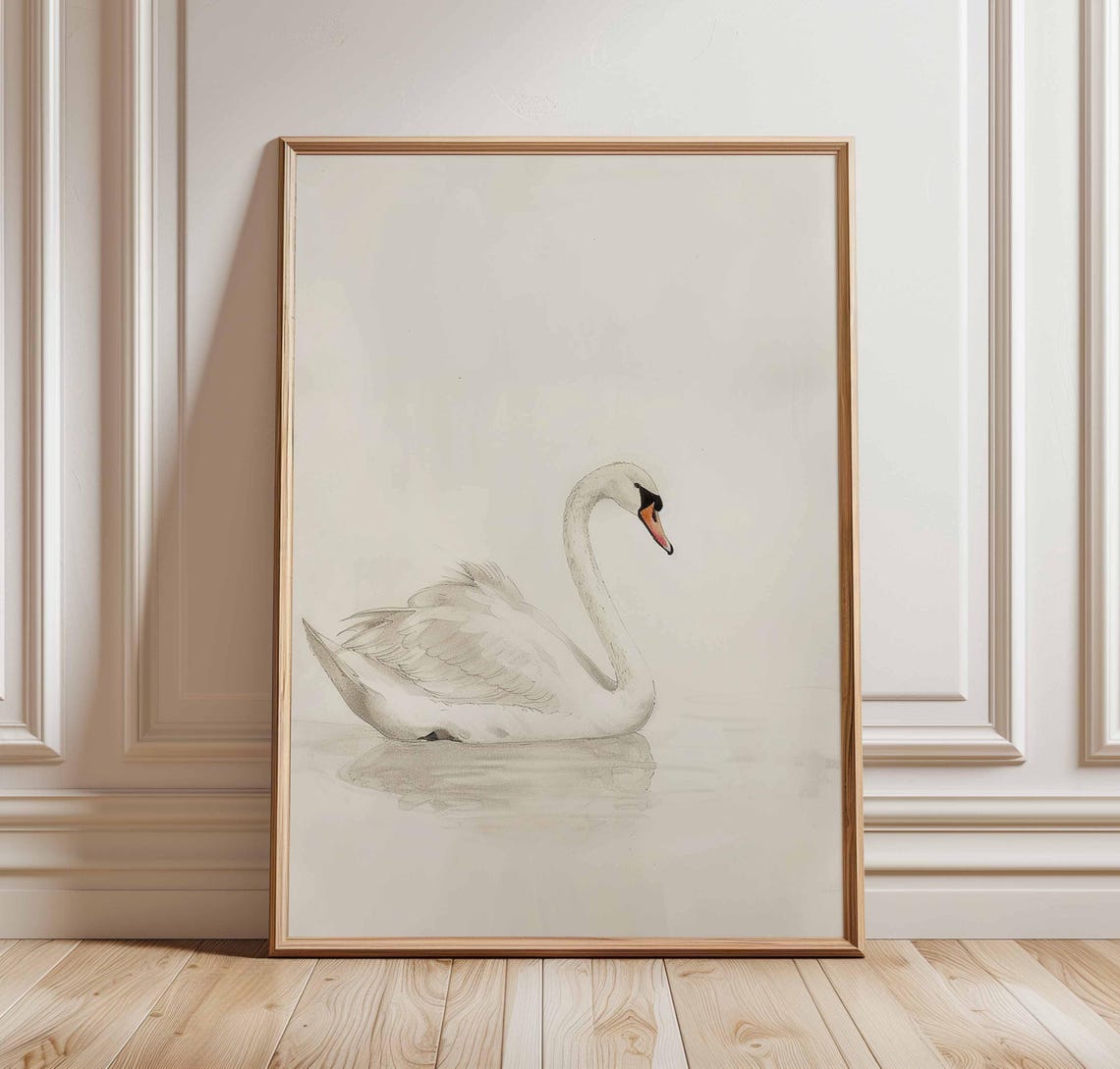 White Swan Graceful Neck Minimalist Watercolor Bird Art Poster