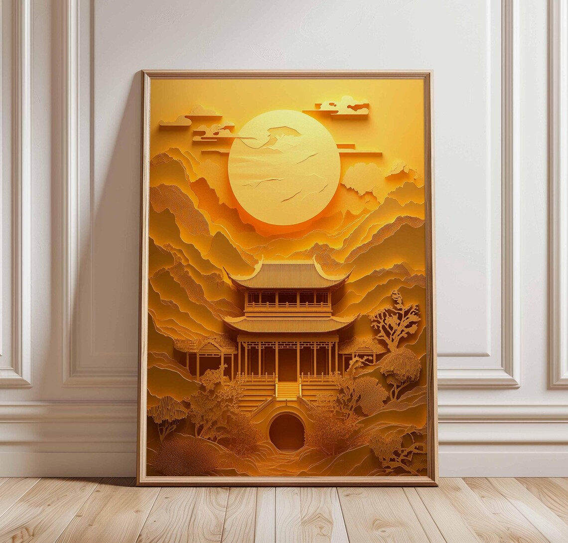 Golden Layered Paper Cut Pagoda Full Moon Mountain Art Poster