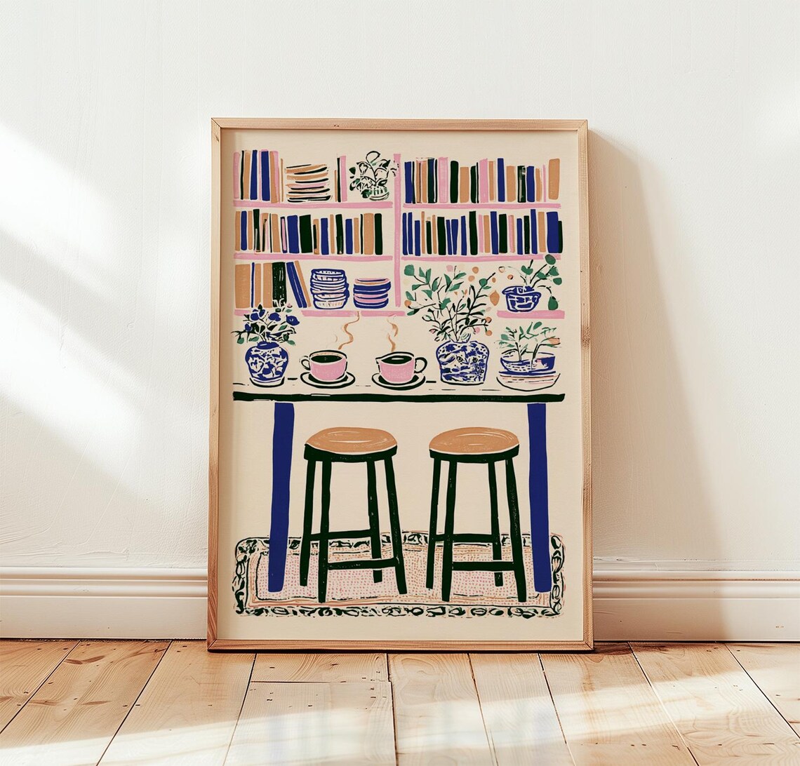 Book Caf Poster, Cozy Interior Art Print