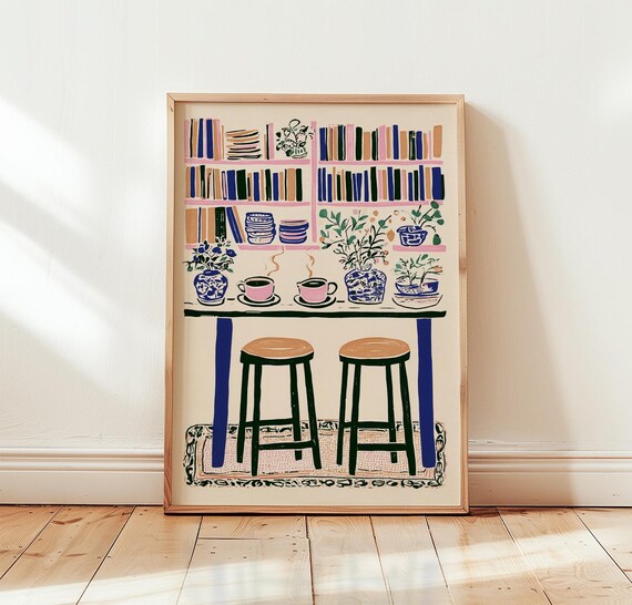 Book Caf Poster, Cozy Interior Art Print