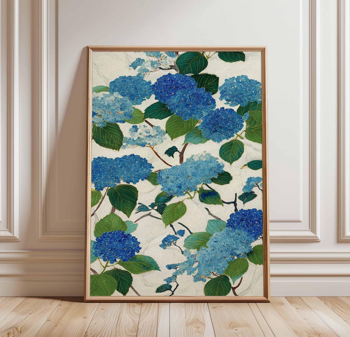 Vintage Blue Hydrangea Blossoms Japanese Floral Botanical Art Poster