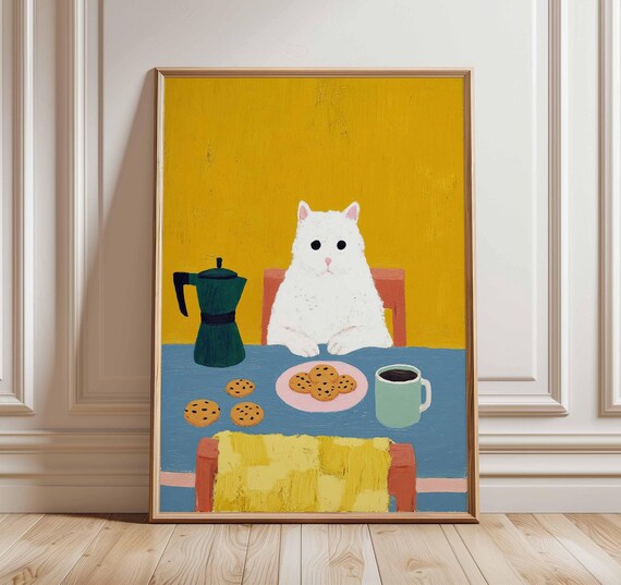 Cute White Cat With Coffee And Cookies Whimsical Kitchen Poster