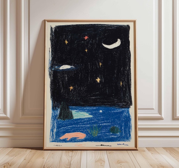 Night Sky, Whimsical Moon And Stars Art Print
