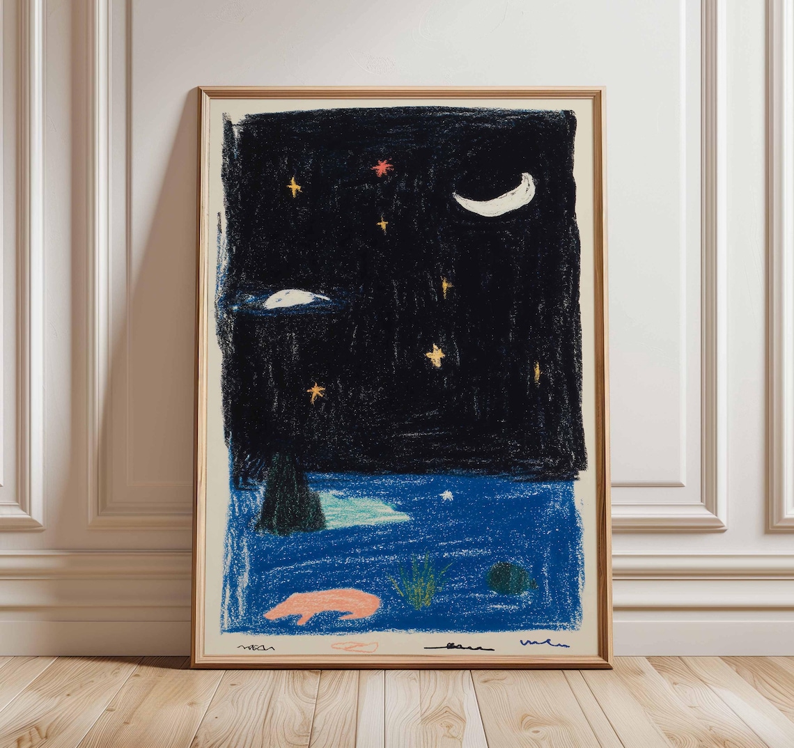 Night Sky, Whimsical Moon And Stars Art Print