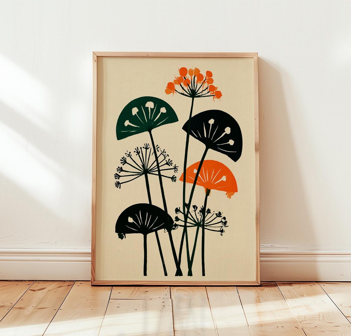 Orange Cow Parsley Botanical Linocut Art Print