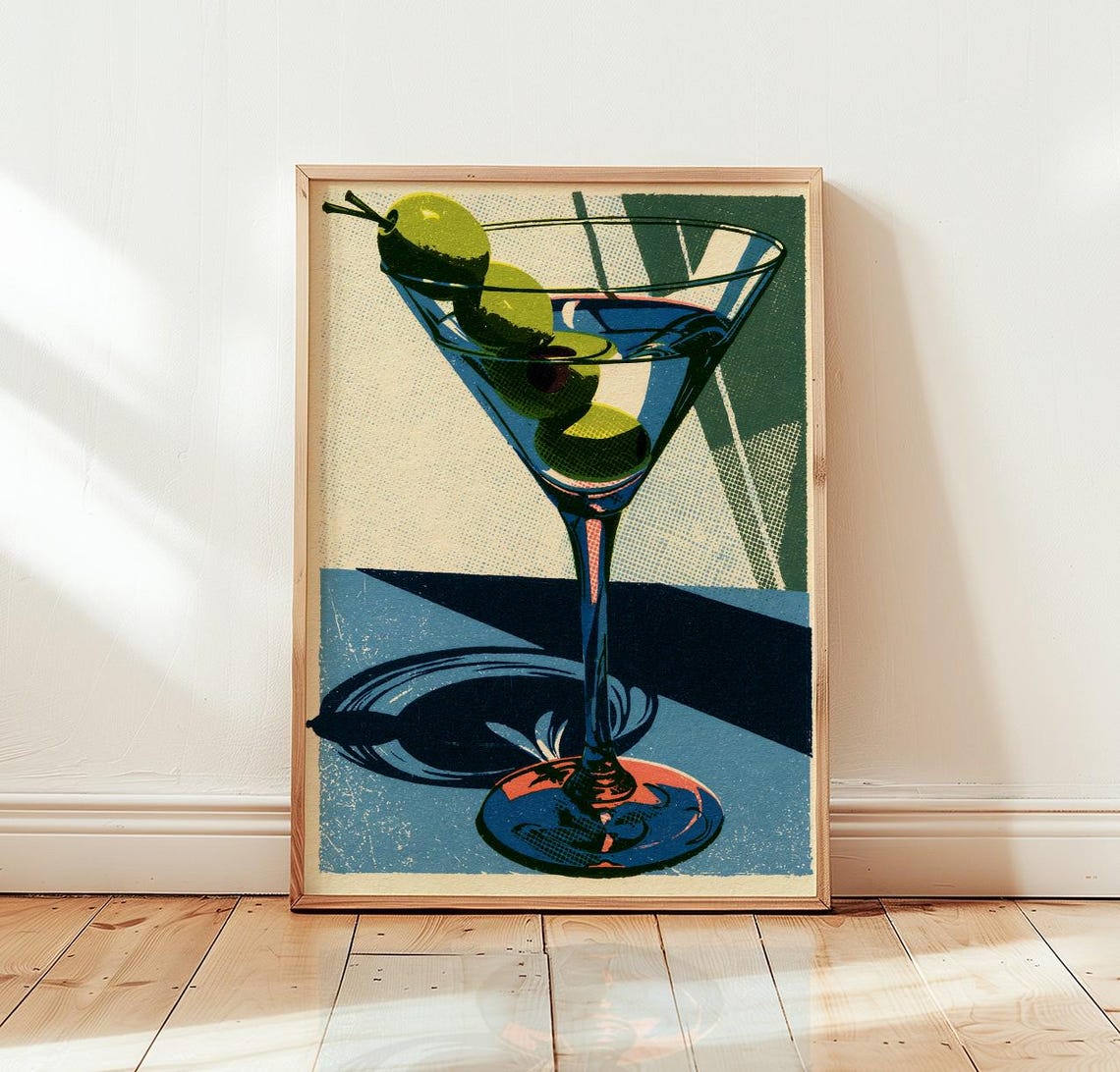 Martini Glass Illustration Retro Cocktail Wall Art Vintage Bar Poster