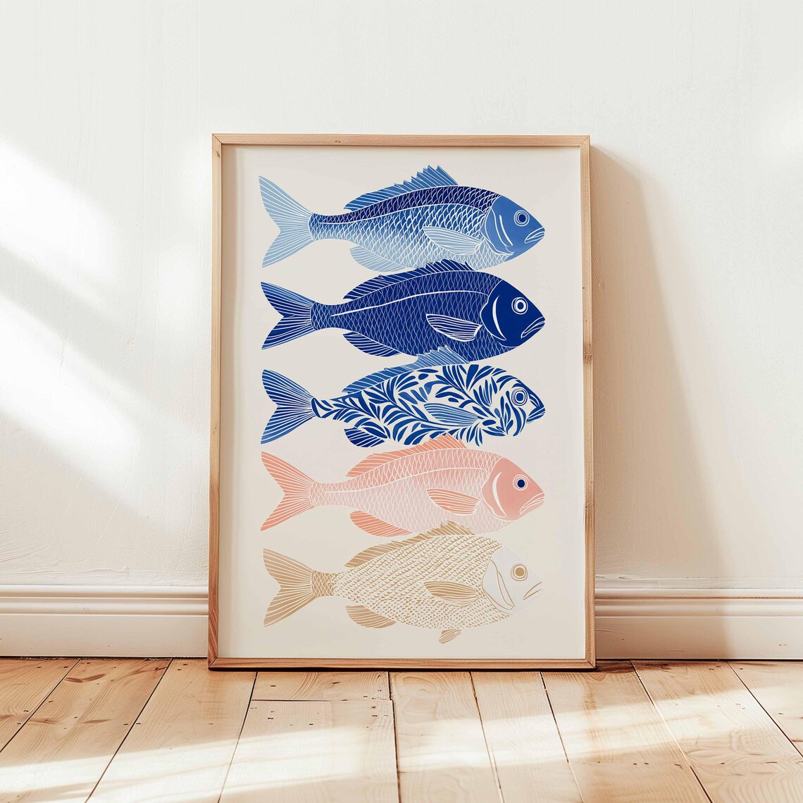 Stacked Coastal Fish Illustration Blue Sea Life Beach House Ocean Poster