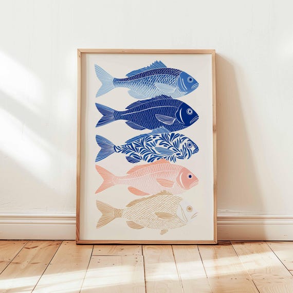 Colorful Fish Wall Art Print Modern Coastal Poster Nautical Sea Life Decor Ocean Animal Illustration Unframed Beach House Style