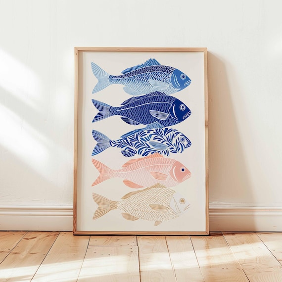 Stacked Coastal Fish Illustration Blue Sea Life Beach House Ocean Poster
