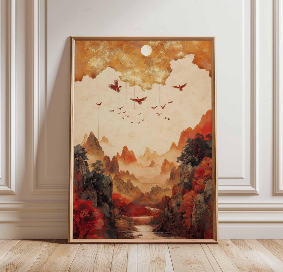 Red Gold Chinese Mountain Landscape Poster Birds Flying Autumn Art