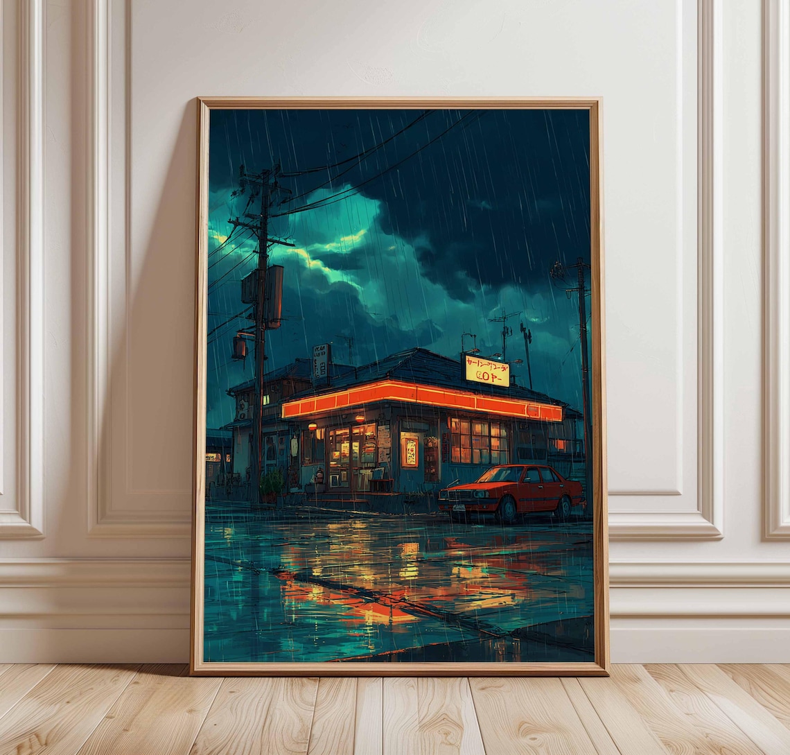 Japanese Rainy Night, Retro Diner Art Print