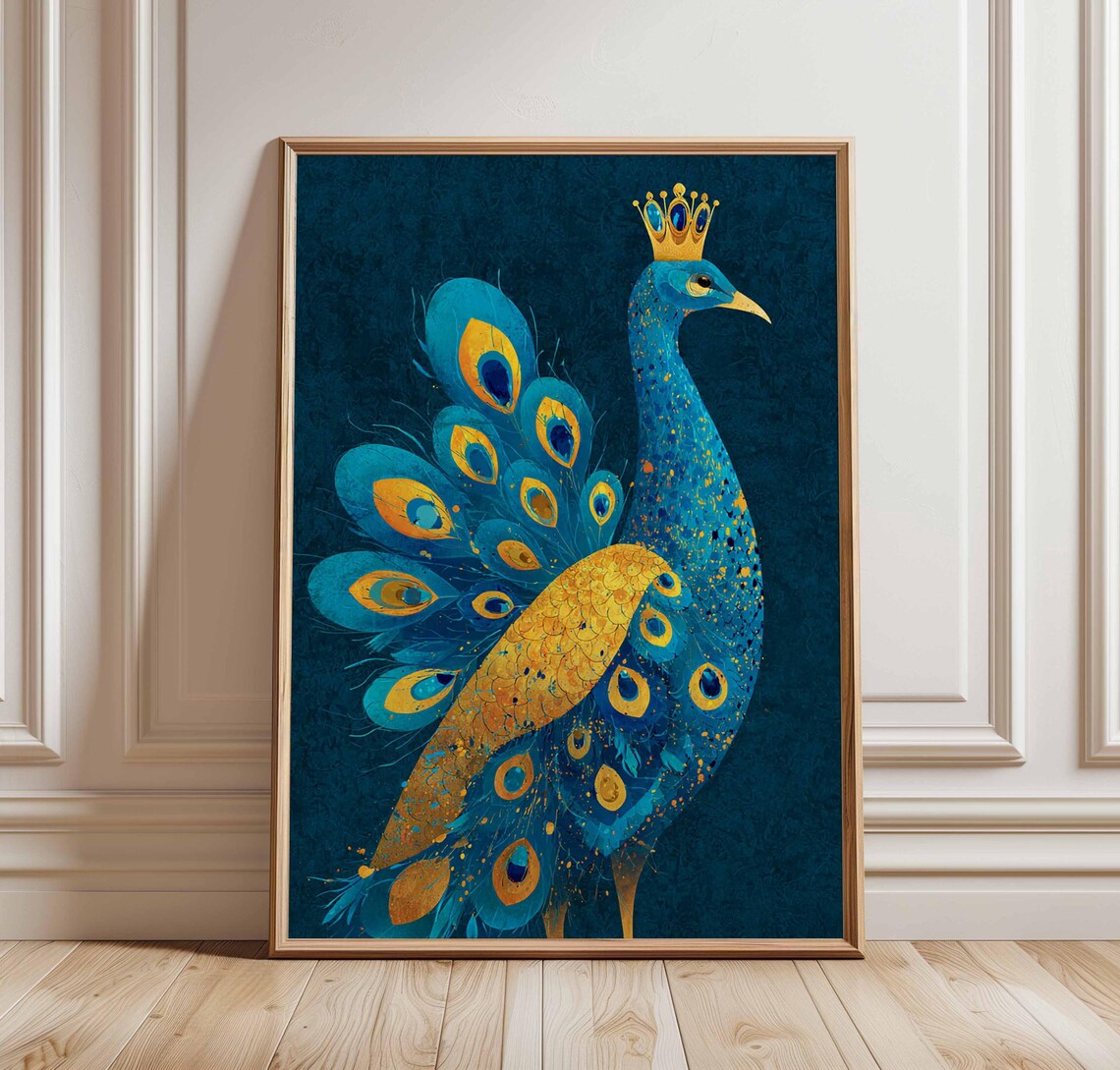 Royal Crowned Peacock Blue Gold Elegant Bird Illustration Wall Art