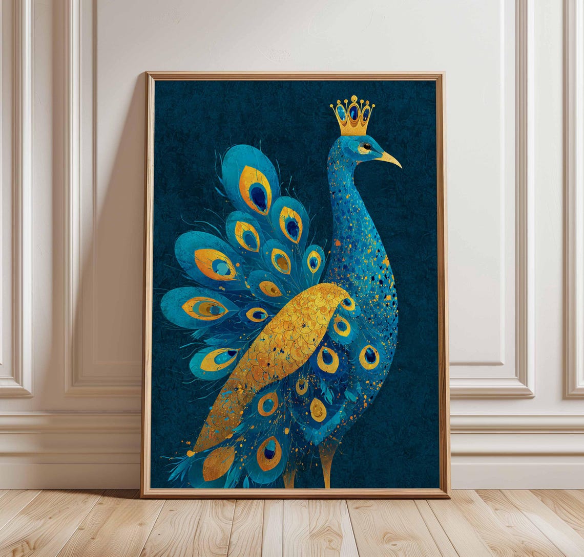 Royal Peacock Wall Art Print Bold Blue And Gold Poster Crowned Bird Illustration Elegant Animal Decor