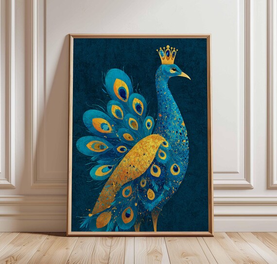 Royal Peacock Wall Art Print Bold Blue And Gold Poster Crowned Bird Illustration Elegant Animal Decor