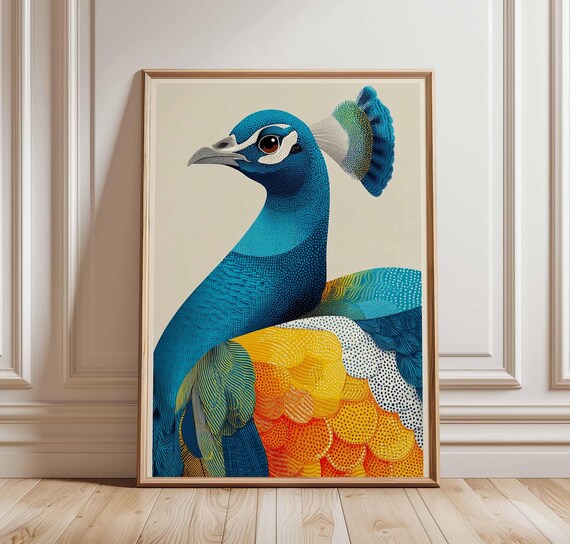 Colorful Peacock Wall Art Vibrant Blue Yellow Bird Print Modern Animal Illustration Poster Bold Feather Artwork Eyecatching Room Decor