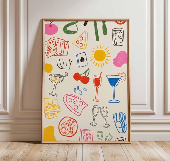 Playful Party Doodles Poster With Cocktails, Pizza and Cherry Illustrations