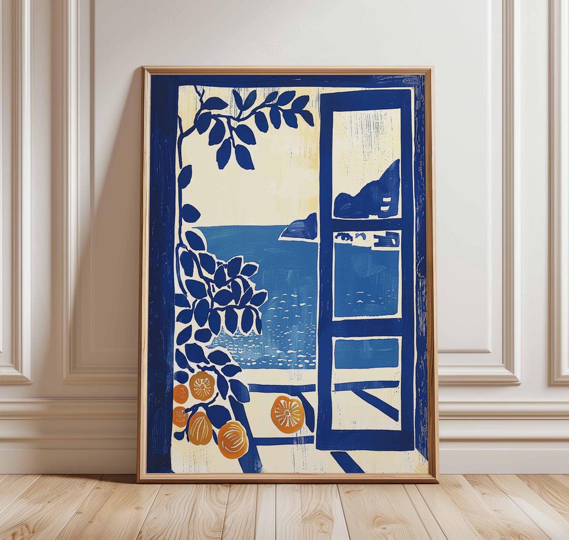 Mediterranean Window Ocean Citrus Blue Coastal Abstract Print