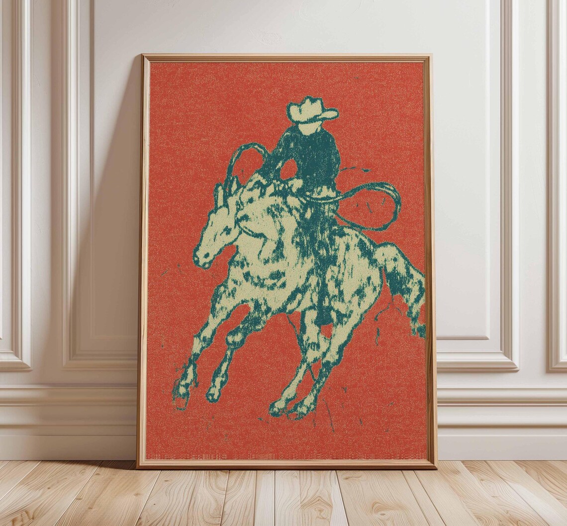 Rodeo Cowboy on Bucking Horse Vintage Western Pop Art Style Poster