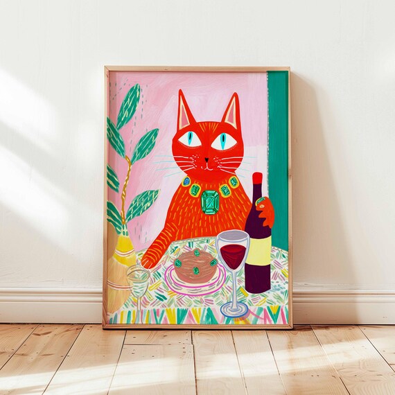 Whimsical Red Cat Wine Pasta Dinner Pop Art Colorful Wall Poster