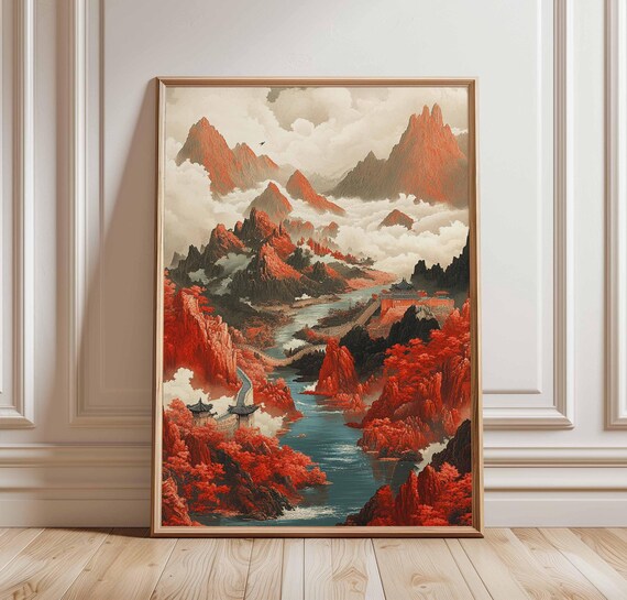 Red Ink Chinese Mountain Landscape with Pagodas and River Poster