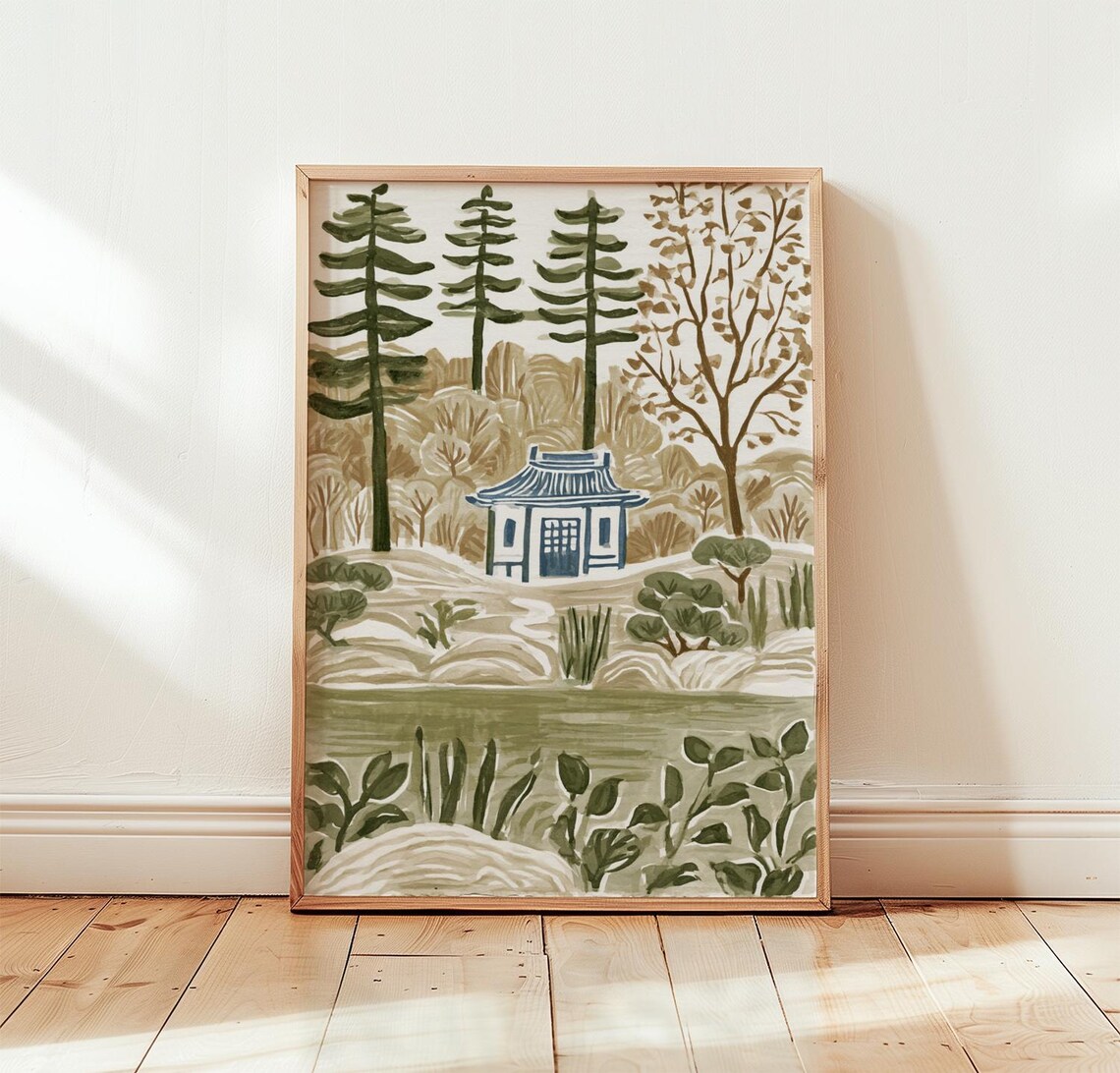 Japanese Garden Pagoda Illustration Poster With Pines and Pond Scene