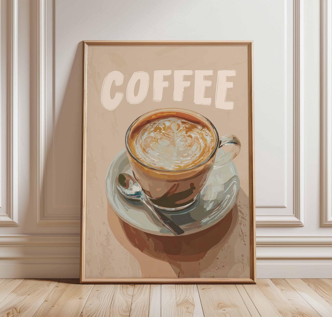 Retro Coffee Latte Art Poster With Cream Typography On Beige