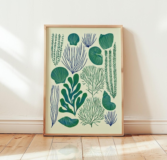 Coastal Sea Life Botanical Coral Shells Seaweed Green Wall Poster