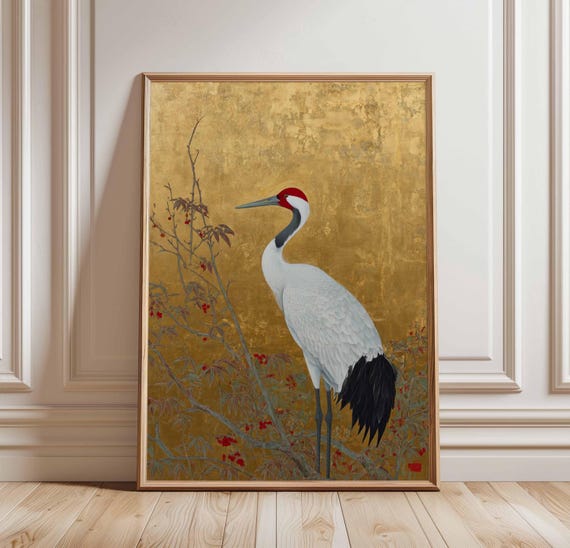 Japanese Crane Poster Bird Wall Art Gold Background Print Asian Nature Decor Elegant Illustration Wildlife