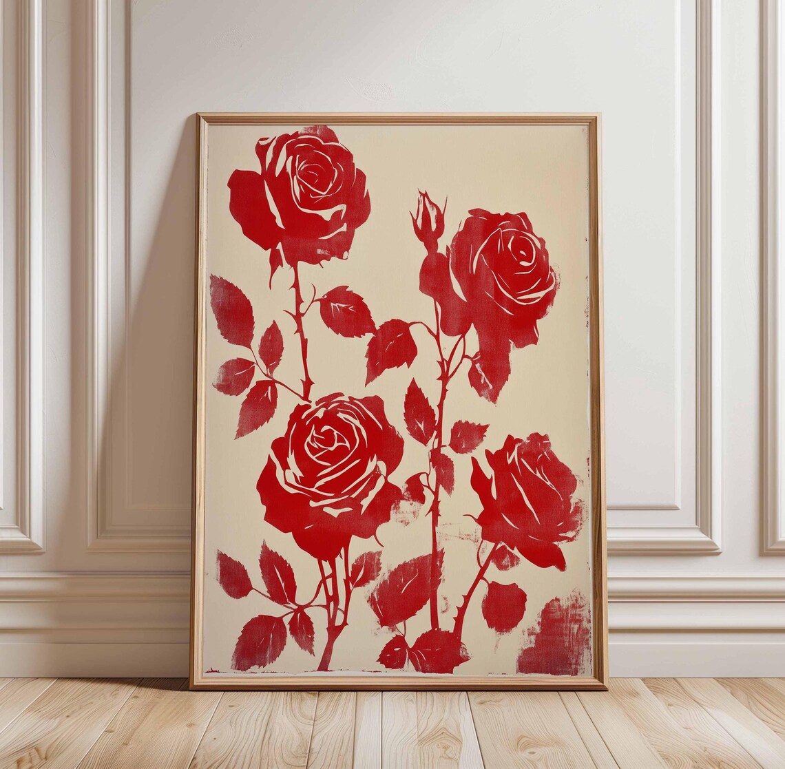 Red Rose Vintage Floral Art Print, Minimalist