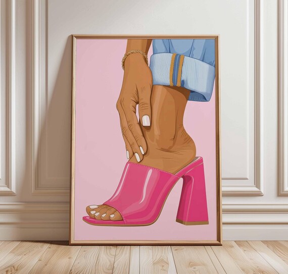 Hot Pink Block Heel Mule Fashion Illustration Modern Feminine Art Poster