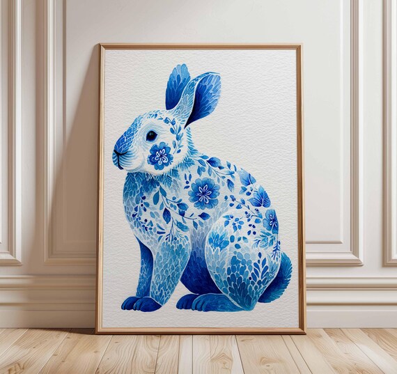 Blue Floral Rabbit Wall Art Watercolor Animal Poster Botanical Bunny Print For Nursery And Home Decor