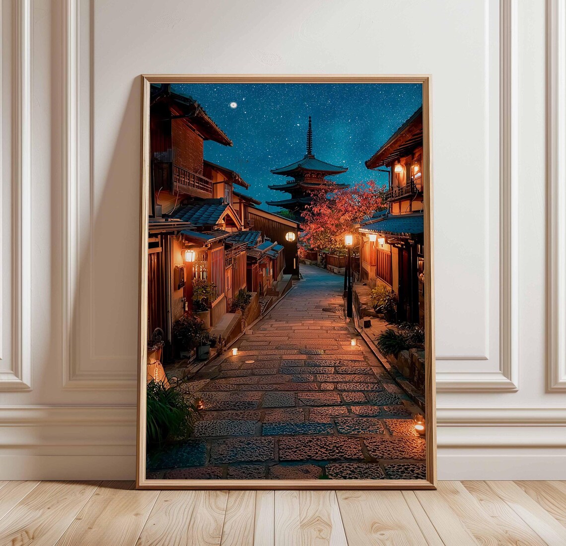 Kyoto Japan Night Street Scene with Pagoda and Lanterns Poster
