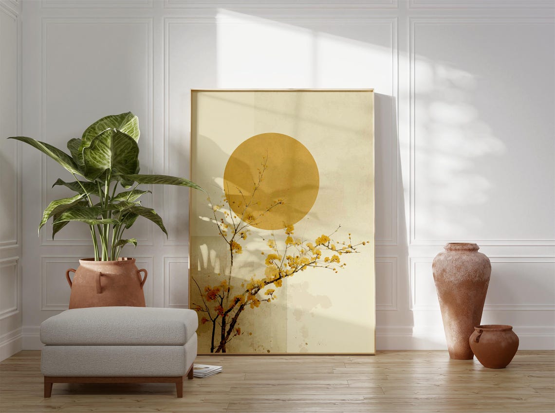 Minimalist Japanese Wall Art Yellow Sun And Blossom Poster Zen Botanical Print For Modern Home Living Room Decor - Image 6