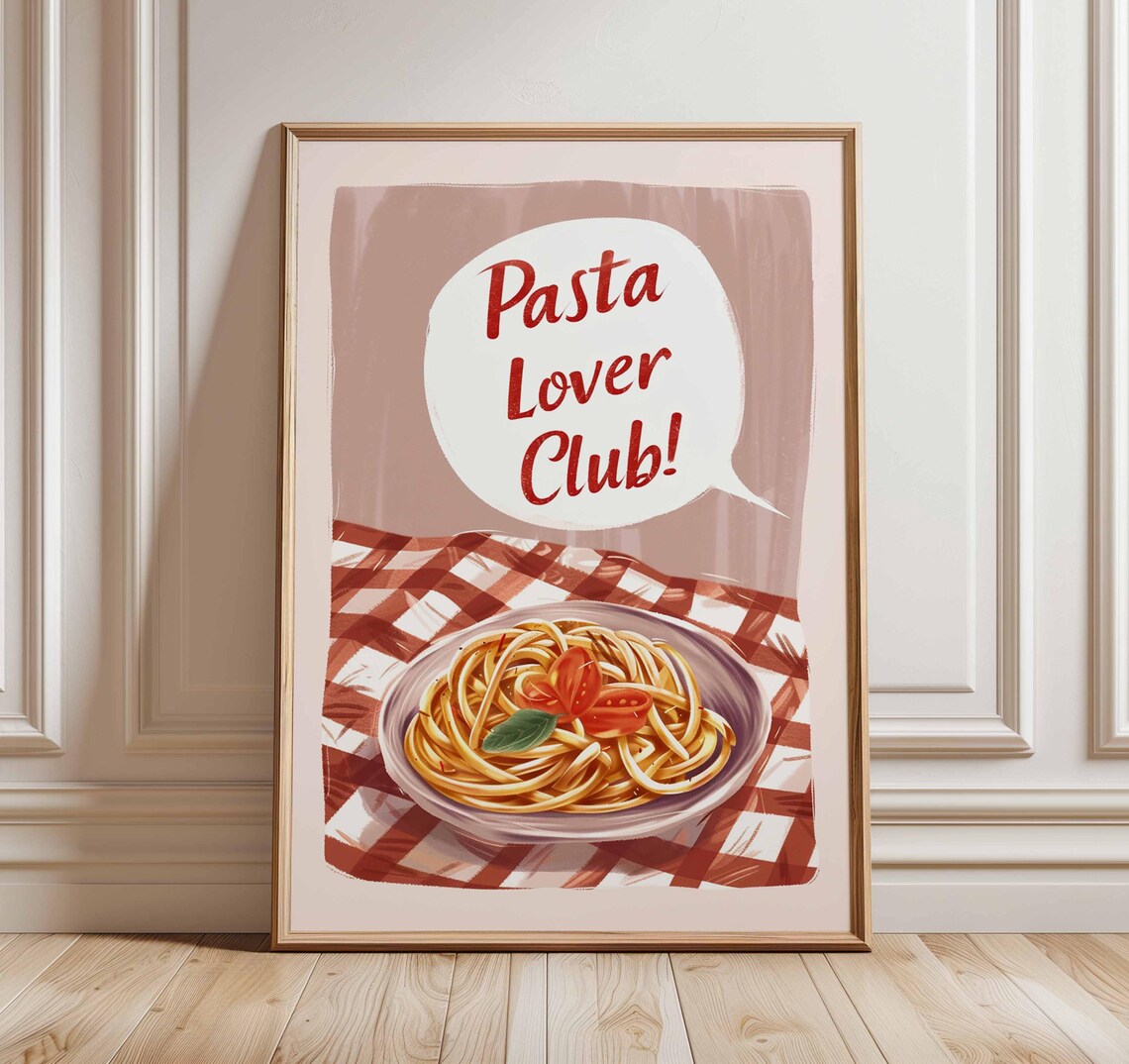 Pasta Lover Club Spaghetti Illustration Italian Kitchen Food Poster
