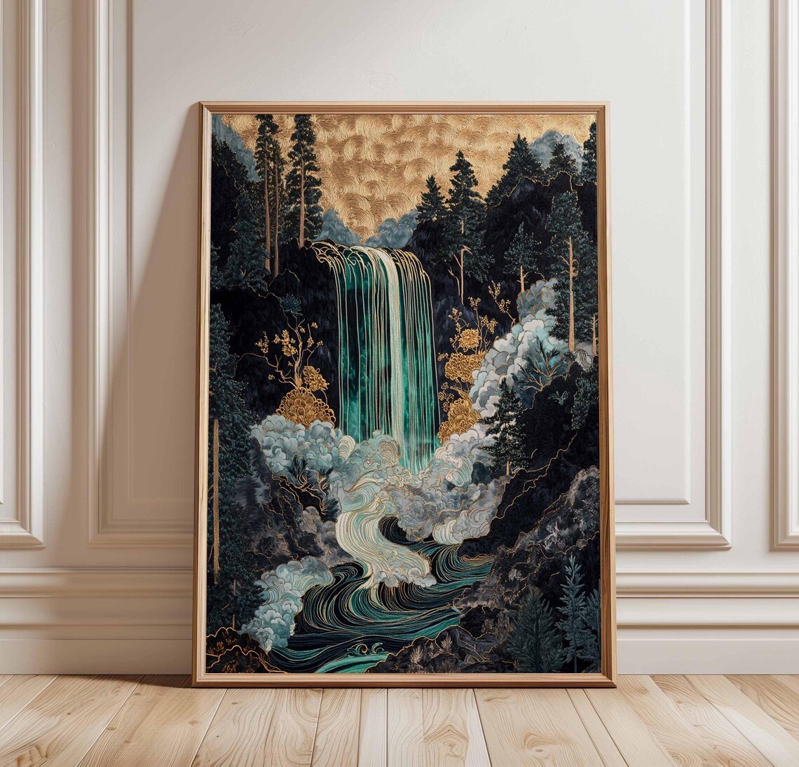 Teal and Gold Waterfall Night Forest Ink Wash Painting Poster