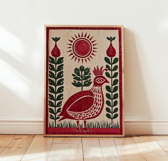 Red Quail and Sun Folk Art Green Botanical Woodblock Style Poster