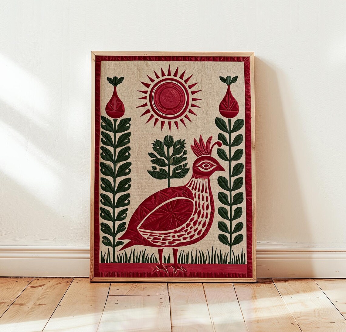 Red Quail and Sun Folk Art Green Botanical Woodblock Style Poster