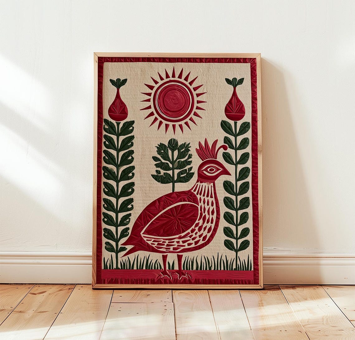 Red Quail Print Green Folk Botanical Wall Art Woodblock Poster