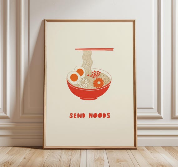 Send Noods Poster Funny Kitchen Wall Art Ramen Bowl Print Minimalist Noodle Illustration Asian Food Decor Modern Typography Artwork