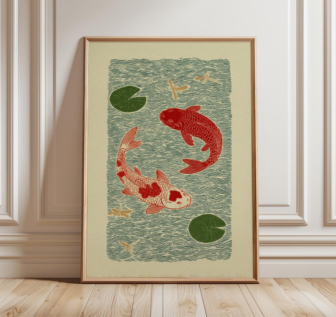 Koi Fish Wall Art Japanese Pond Print Red Illustration With Lilypads