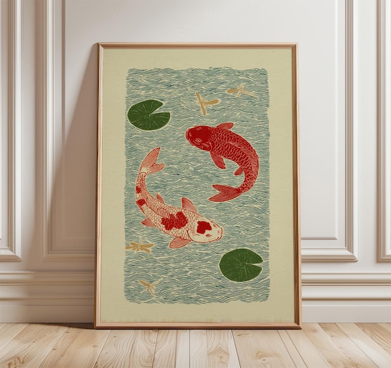 Red Koi Fish in Green Pond Japanese Style Linocut Illustration Poster