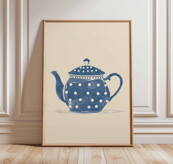 Blue Polka Dot Teapot Kitchen Retro Illustration Country Print
