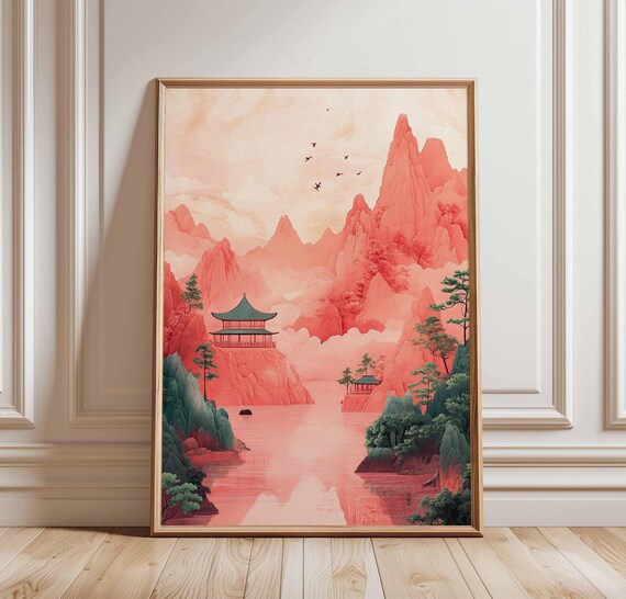 Coral Pink Mountains With Hillside Pagodas East Asian Art Poster