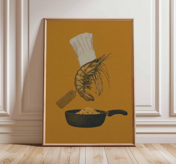 Funny Shrimp Chef Poster Seafood Kitchen Art Quirky Cooking Wall Decor Frying Pan Print Culinary Humor For Food Lovers