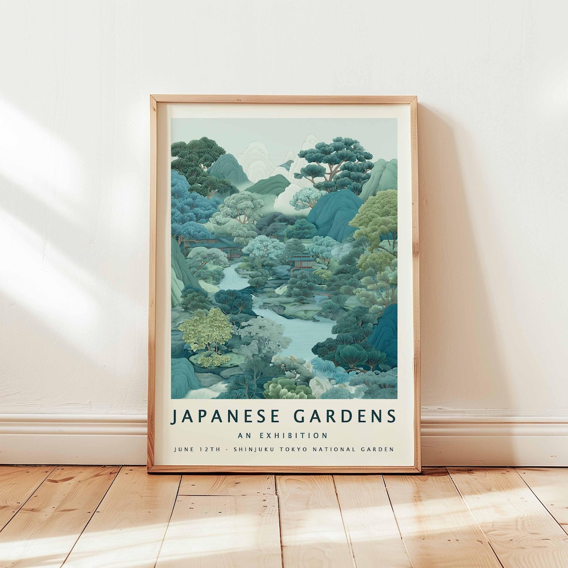 Japanese Gardens Exhibition Teal Misty Landscape Poster Tokyo Shinjuku